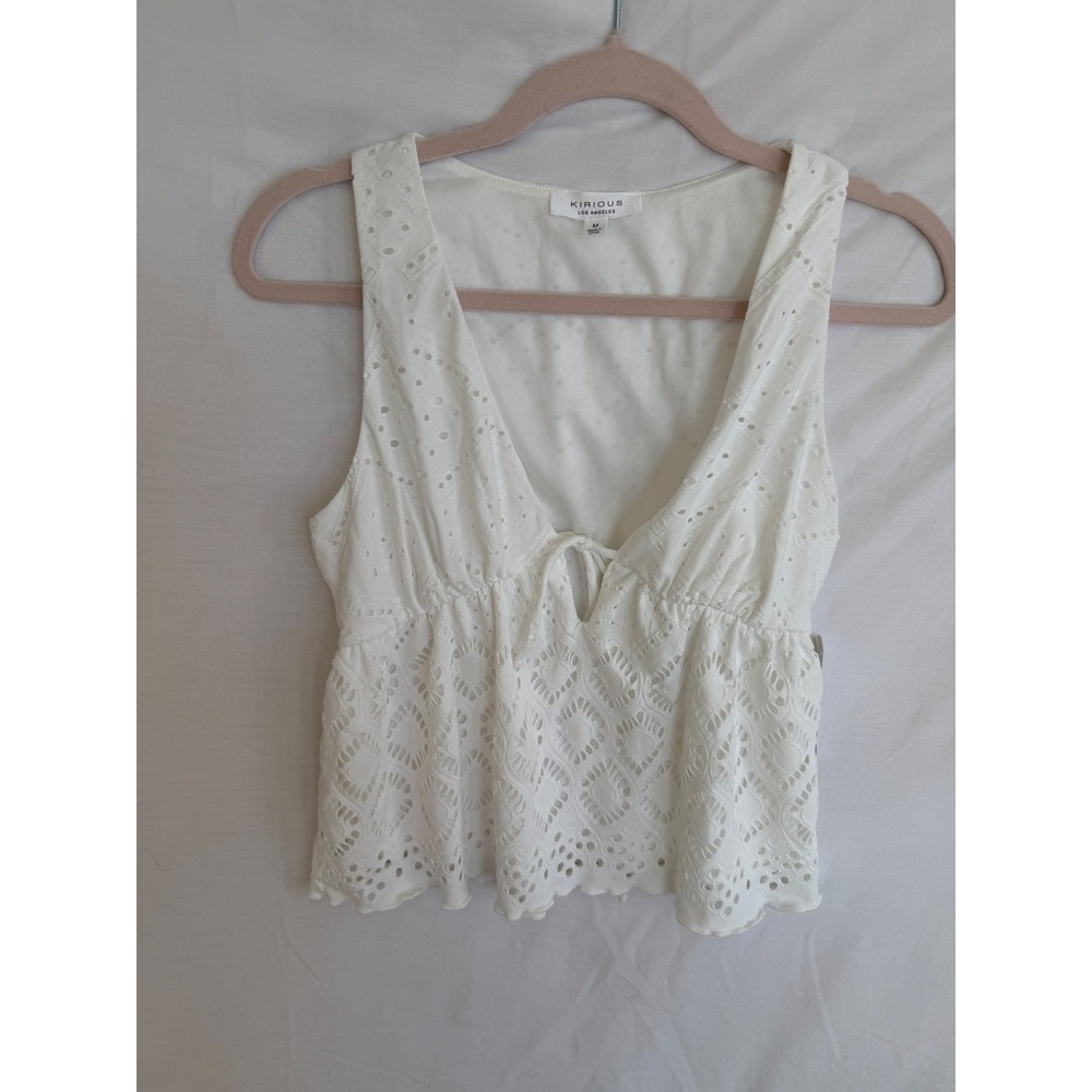 Kirious Los Angeles White Eyelet Tie Front Peplum Tank Top V-Neck Sleeveless M